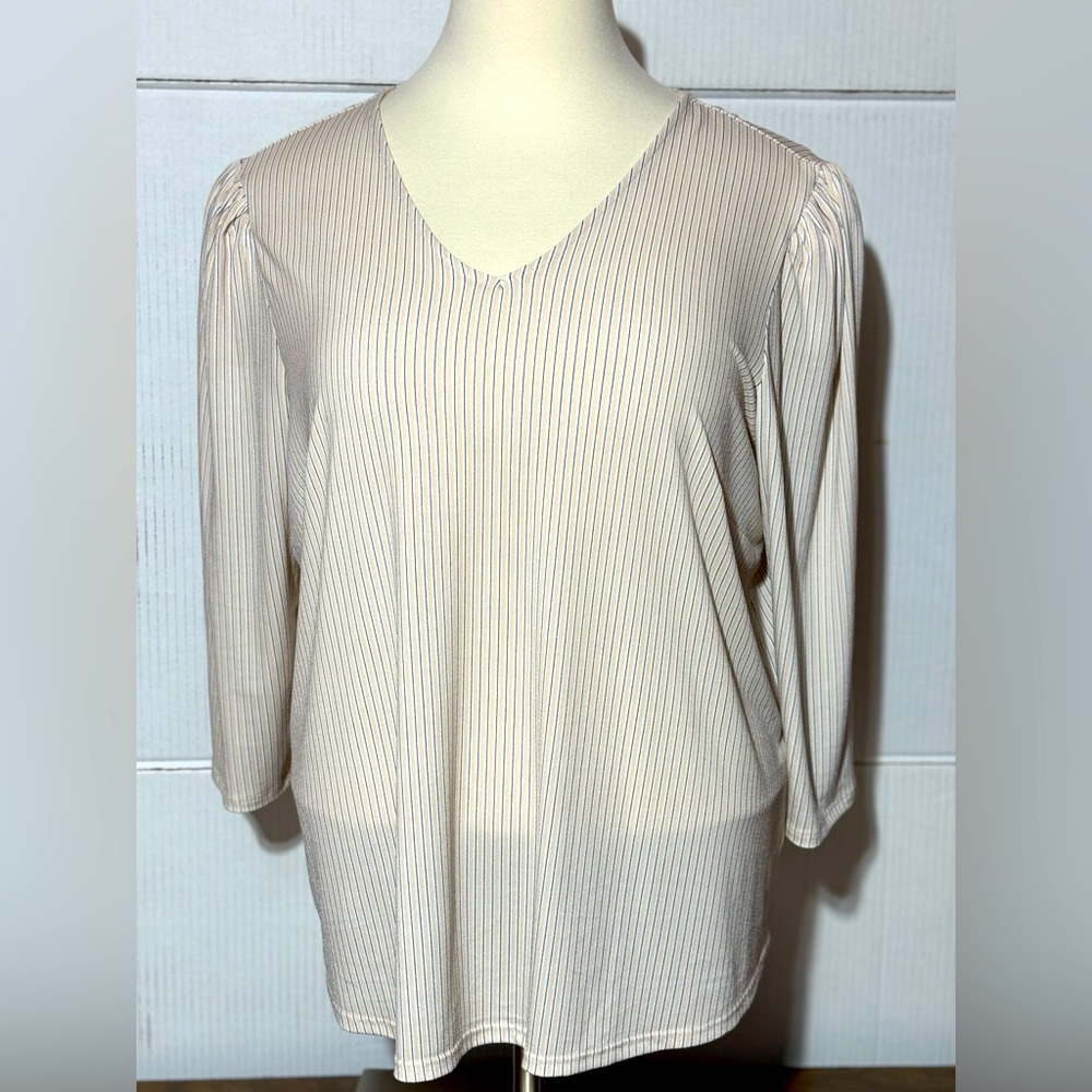 Adrianna Papell women’s 3X striped 3/4 length sleeve blouse cream & blue 30”L